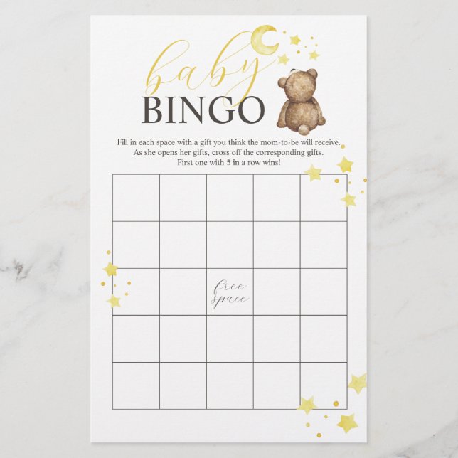 Über dem Moon Teddy Bear BINGO Baby Shower Game Flyer (Vorne)
