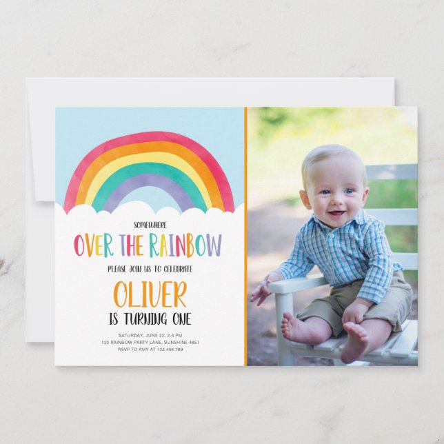 Über dem Regenbogen Blauer Geburtstag Einladung (Vorderseite)