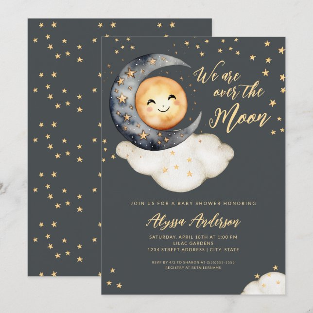 Über den Mond Baby Shower Einladung (Vorne/Hinten)