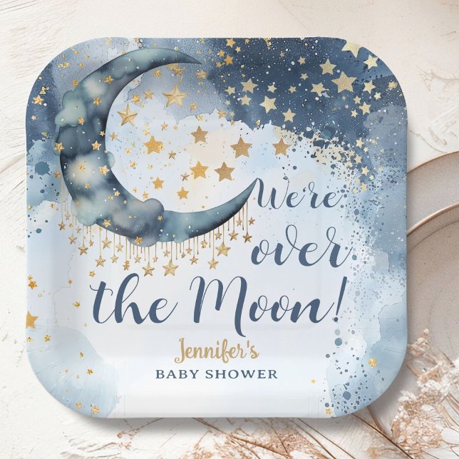 Über den Mond Baby Shower Junge Blau Papier Teller (Von Creator hochgeladen)