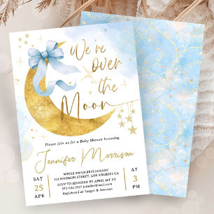 Über den Mond Baby Shower Junge Blaue Schleife Gol Einladung