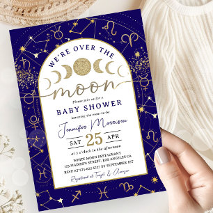 Über den Mond Baby Shower Junge Navy Blau & Gold Einladung