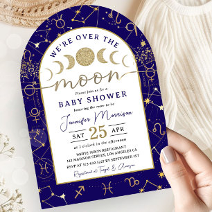 Über den Mond Baby Shower Junge Navy Blau Goldener Einladung