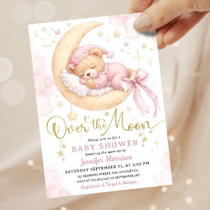 Über den Mond Baby Shower Mädchen Rosa Teddybär Einladung