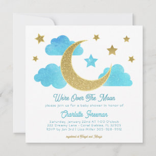 Über den Mond Blue Gold Baby Dusche laden Einladung