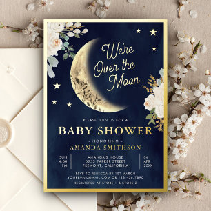 Über den Mond Elfenbein Blumen Navy Baby Shower Go Folieneinladung