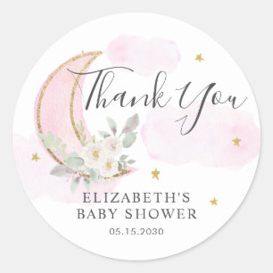 Über den Mond Floral Pink Baby Shower Danke Runder Aufkleber
