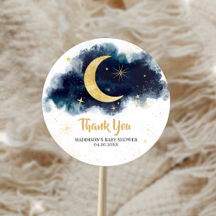 Über den Mond Gold Sterne Blau Baby Shower Runder Aufkleber