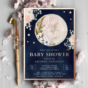 Über den Mond Navy Blau Babyparty Pink Rosen Gold Folieneinladung