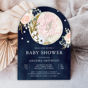 Über Den Mond Rosa Blumen Navy Blau Baby Shower Einladung