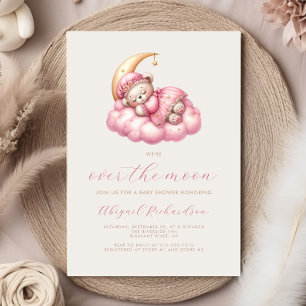 Über den Mond Teddybär Rosa Baby-Party-Einladung Einladung
