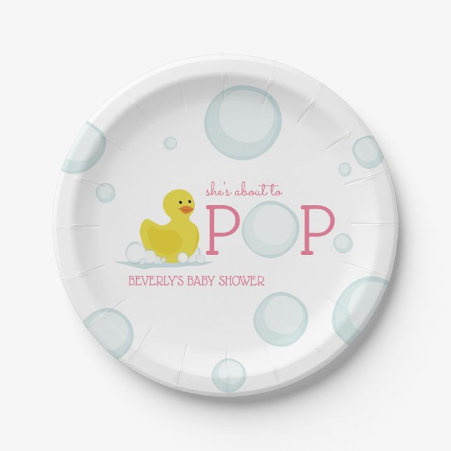 Über den Pop Blasen Rubber Duck Pink Babydusche Pappteller (Vorderseite)