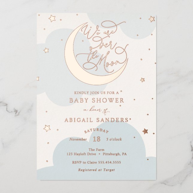 Über der Blue-Baby-Dusche von Gold Moon Folieneinladung (Vorderseite)