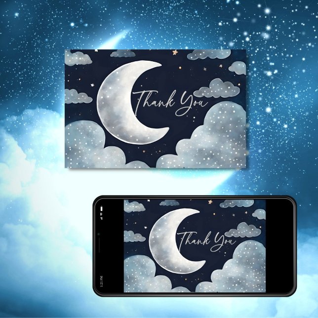 Über der Mond Galaxie Babydusche Dank Karte (Over the moon stars galaxy baby shower template  thank you card digital download silver moon clouds)