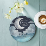 Über der Mond-Galaxie Babydusche mit Monogramm Pappteller<br><div class="desc">Wir sind Über den Mond Wolken Wolken Galaxie Babydusche mit Monogramm personalisierte gedruckte Teller Vorlage,  Aquarell zyanblau Galaxie Wolken Silbermond und Sterne Babydusche personalisierte Tischdekoration</div>