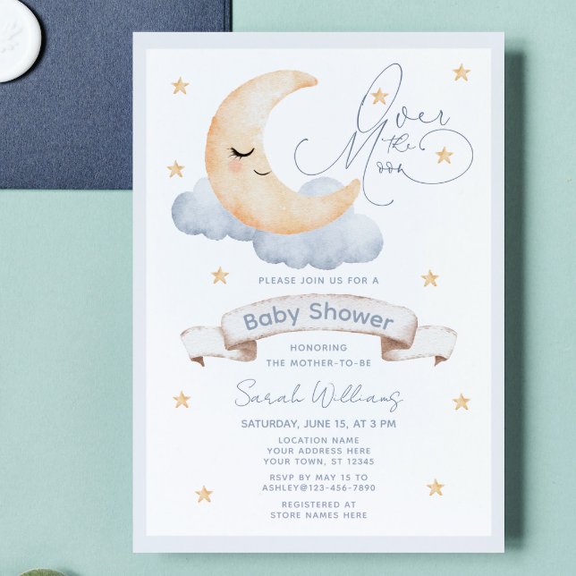 Über der Mond Gender Neutral Script Baby Dusche Einladung (Baby Shower Bliss: Over the Moon & Stars Await!)