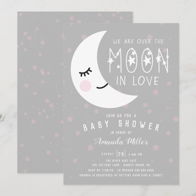 Über der Mond Girl Babydusche Einladung (Vorne/Hinten)