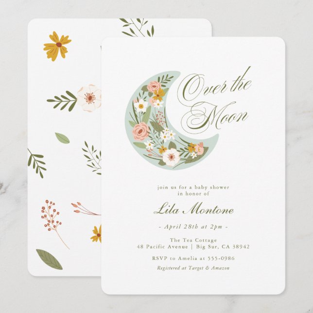 Über der Mond Wildblume Babydusche Einladung (Vorne/Hinten)
