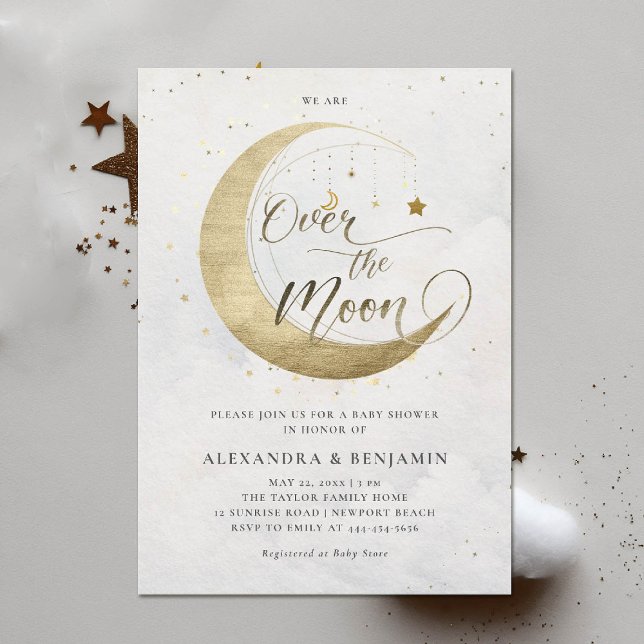 Über der Moon Arch Gold White Sky Babydusche Einladung (over the moon baby shower invitation white sky gold stars mobile celestial astrology twinkle)