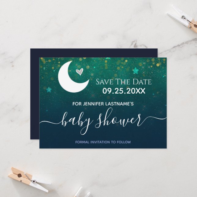 Über der Moon Babydusche Save the Date Einladung (Vorderseite/Rückseite Beispiel)