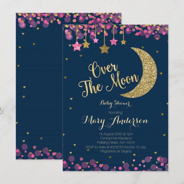 Über der Moon Rainbow Baby Dusche Einladung (Vorne/Hinten)