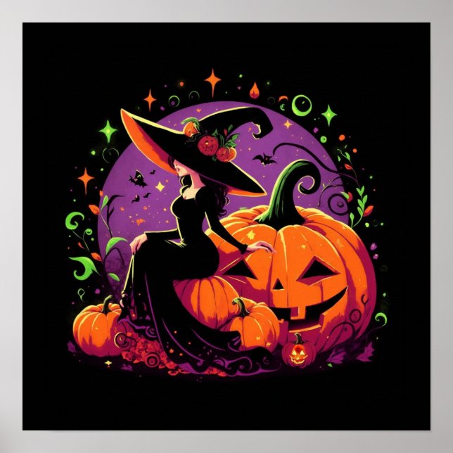 Über Hexen nachdenken, die auf einem Kürbisplakat  Poster (Vorne)