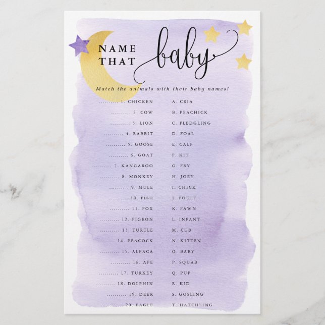 Über Moon Animal Matching Paper Game Card Lila Flyer (Vorne)