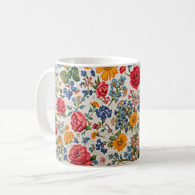 Überall Blumen, farbenfrohes Design, Kaffeetasse (Vorderseite Links)