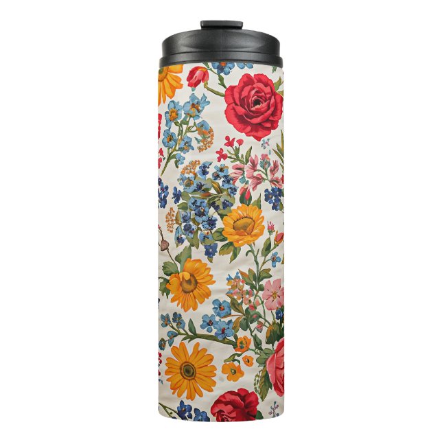 Überall Blumen, farbenfrohes Design, Thermosbecher (Vorderseite)