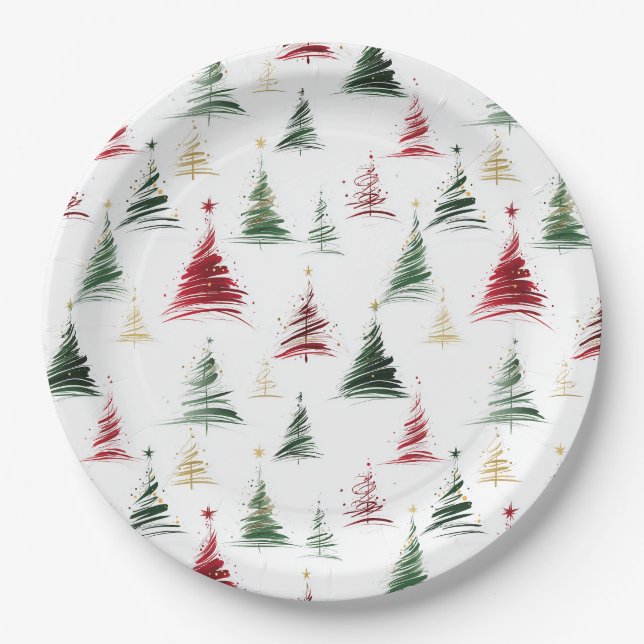 Überall minimalistisches Weihnachtsbaum-Muster Pappteller (Vorderseite)