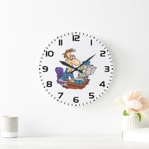 Überarbeiteter Büroangestellter Lustiger müder Mit Große Wanduhr