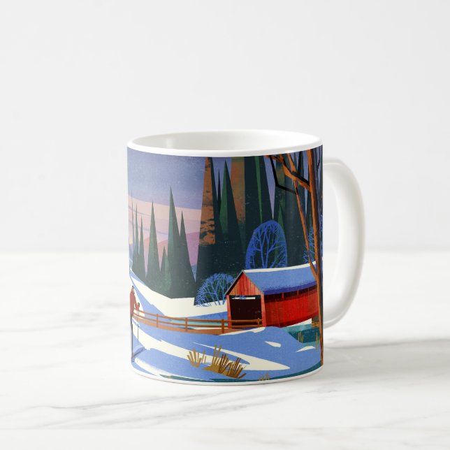 Überdachte Brücke im Winter mit Skifahrer Kaffeetasse (VorderseiteRechts)