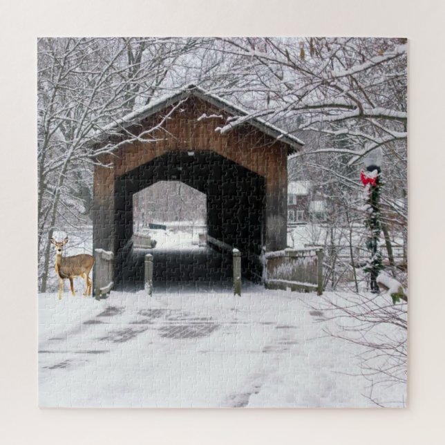 Überdachte Brücke im Winter Puzzle (Vertikal)