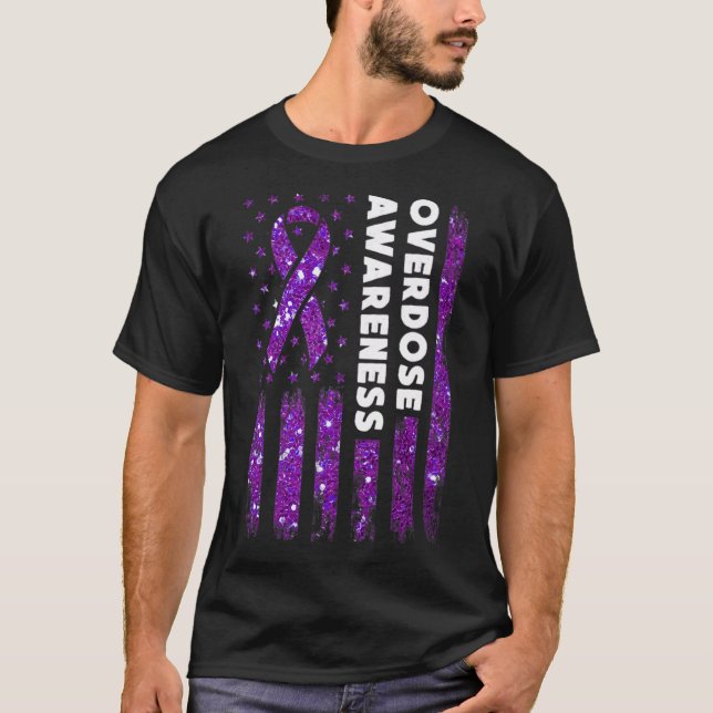 Überdosierung: Warnflagge Pruple Ribbon-Abhängigke T-Shirt (Vorderseite)