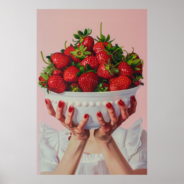 Überfließende Schüssel Erdbeeren Poster (Vorne)