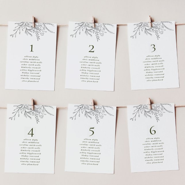 Überfließende Übersicht über die Hochzeitssitze vo Tischnummer (Overflowing bouquet floral wedding table number sign.)