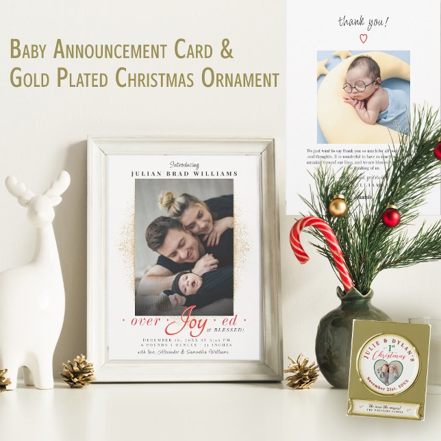 Überfreuliche Ankündigung von Urlaub im Foto (Overjoyed Blessed Photo Holiday Birth Announcement, Gold Plated Christmas Ornament Gift grandparents)