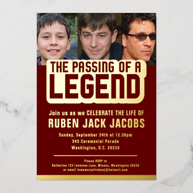 Übergabe der Legende Beerdigung dunkelrote Gedenkf Folieneinladung (Vorderseite)