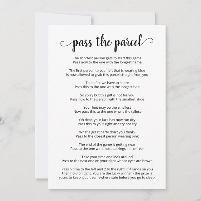 Übergeben Sie die Parcel Party Game Card Einladung (Vorderseite)