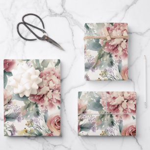 Übergroßer botanischer Druck rosa Rosen Pfingstros Geschenkpapier Set