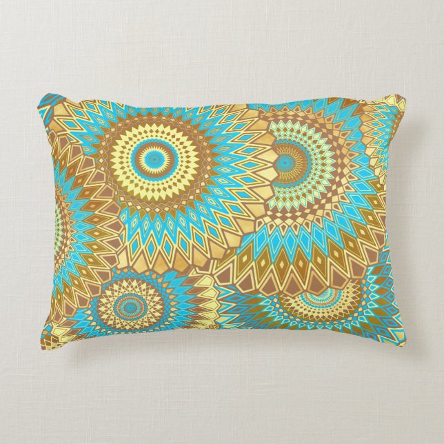 Überlappende Mandala Blau Braun Gold Dekokissen (Vorderseite)