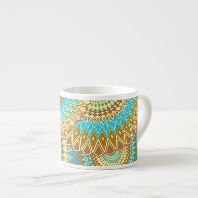 Überlappende Mandala Blau Braun Gold Espressotasse (Vorderseite Rechts)