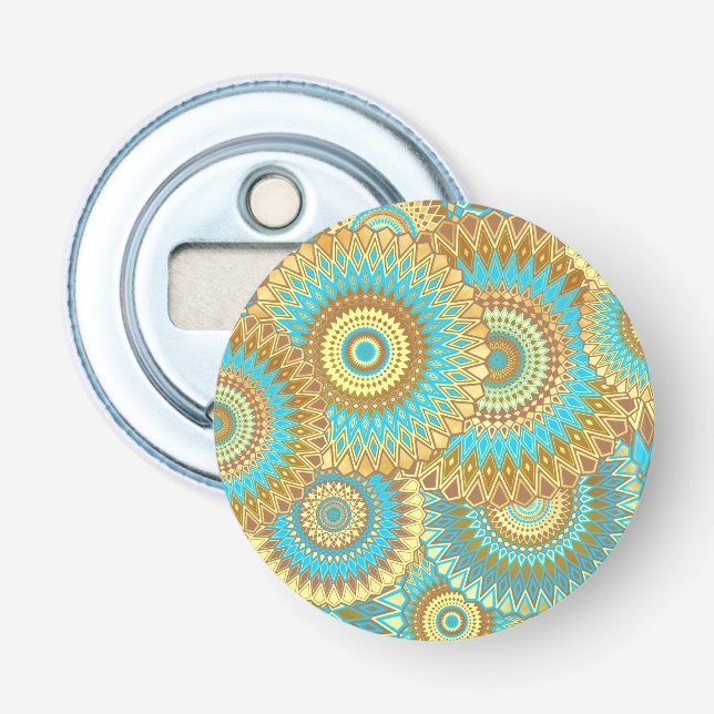 Überlappende Mandala Blau Braun Gold Flaschenöffner (Vorderseite)