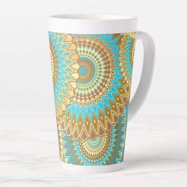 Überlappende Mandala Blau Braun Gold Milchtasse (Rechte Ecke)