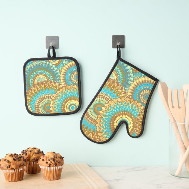 Überlappende Mandala Blau Braun Gold Ofenhandschuh & Topflappen-Set (Insitu (Hängend))