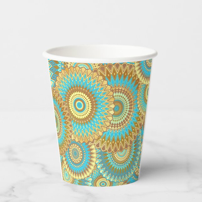 Überlappende Mandala Blau Braun Gold Pappbecher (Vorderseite)