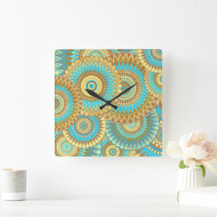Überlappende Mandala Blau Braun Gold Quadratische Wanduhr