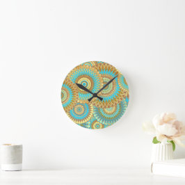 Überlappende Mandala Blau Braun Gold Runde Wanduhr