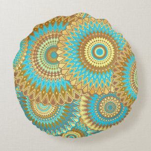 Überlappende Mandala Blau Braun Gold Rundes Kissen