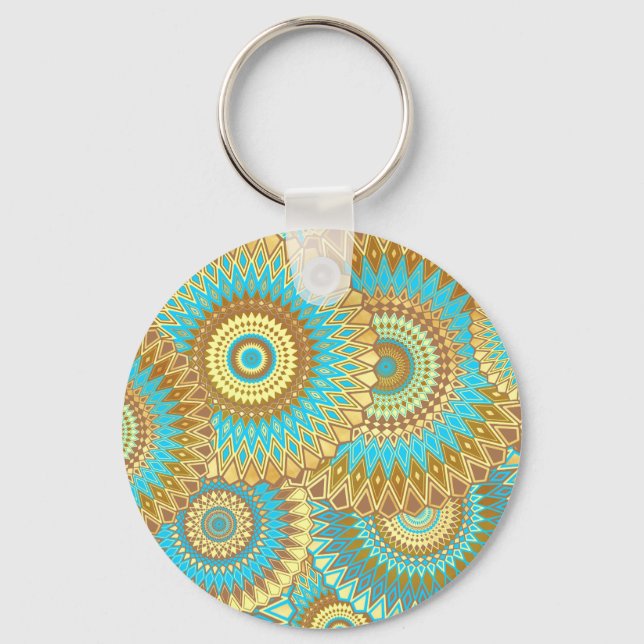 Überlappende Mandala Blau Braun Gold Schlüsselanhänger (Vorderseite)